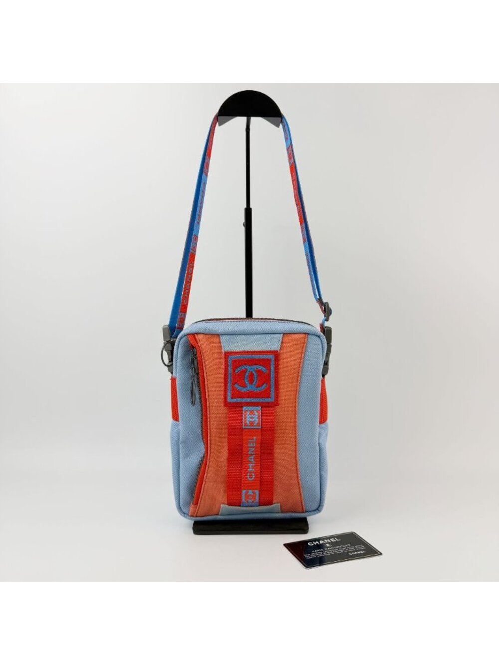 Chanel Sports Line Shoulder Bag Cross Nylon Canvas Light Blue Orange Red Seal